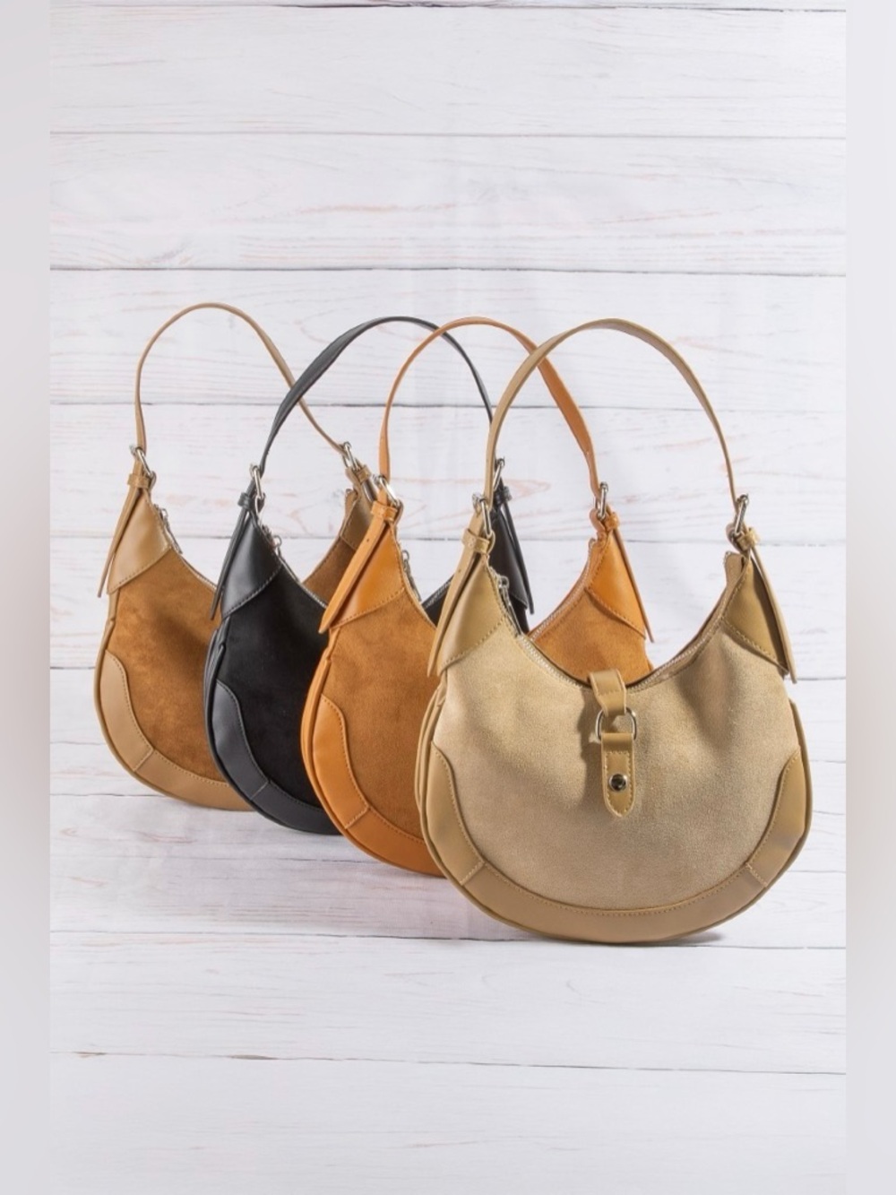 Fame Leather Accent Suede Crescent Shoulder Bag - Picture 2 of 4